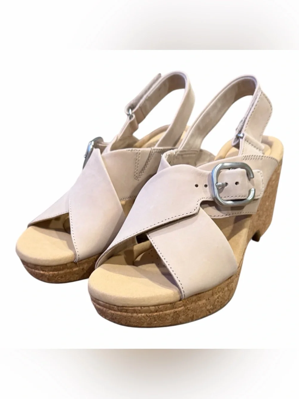 Clarks Cream Cork Wedge Sandals with Buckle